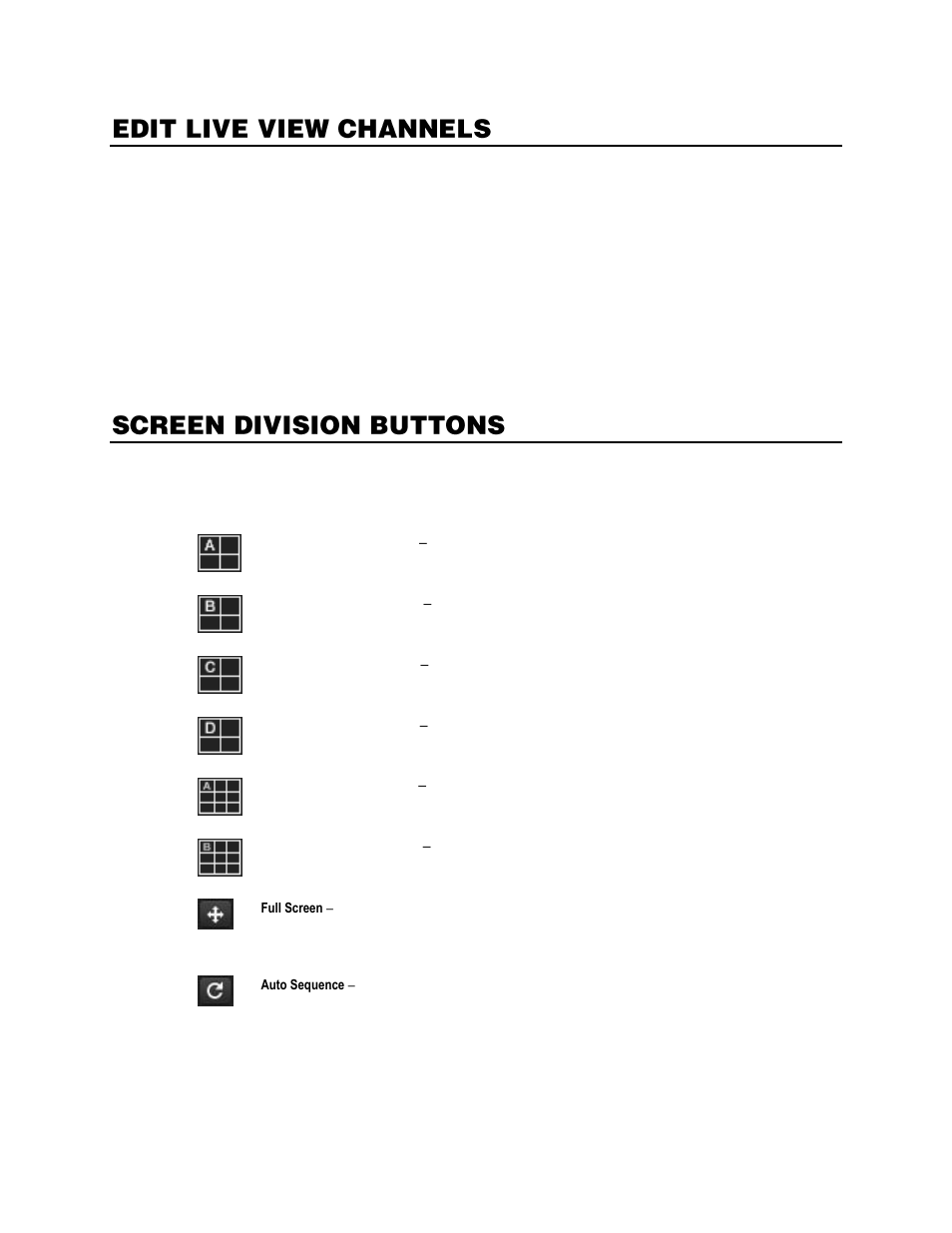 Edit live view channels, Screen division buttons | OpenEye Gen6 X-Series User Manual | Page 38 / 123