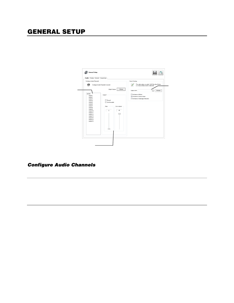 General setup, Audio, Configure audio channels | System volume, Audio channels | OpenEye Gen6 X-Series User Manual | Page 55 / 123