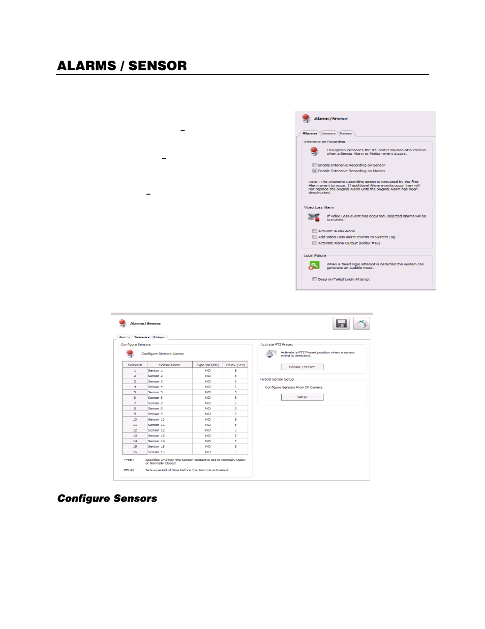 Alarms / sensor, Alarms, Sensors | Configure sensors | OpenEye Gen6 X-Series User Manual | Page 61 / 123