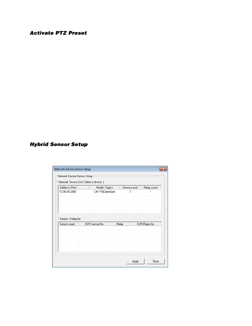 Activate ptz preset, Hybrid sensor setup | OpenEye Gen6 X-Series User Manual | Page 62 / 123