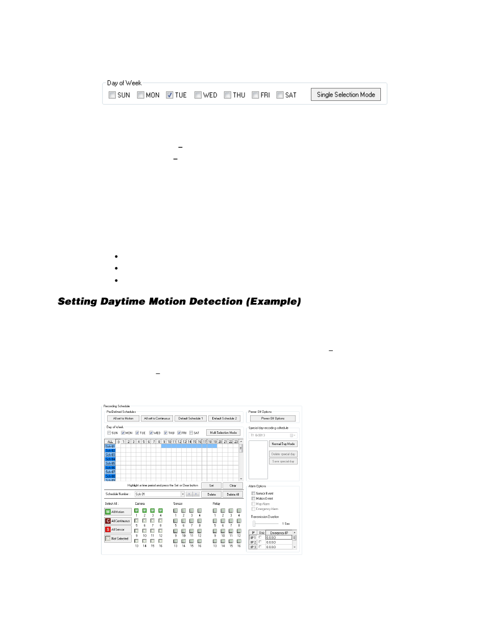 Day of the week, Creating a recording schedule (example), Setting daytime motion detection (example) | OpenEye Gen6 X-Series User Manual | Page 65 / 123