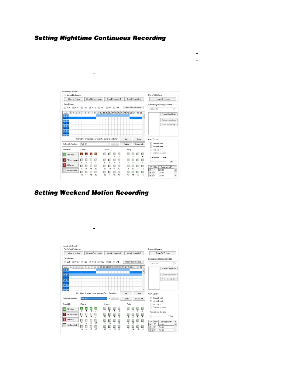 Setting nighttime continuous recording, Setting weekend motion recording | OpenEye Gen6 X-Series User Manual | Page 66 / 123