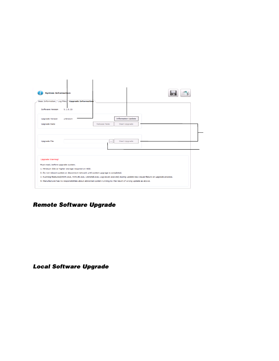 Upgrade information, Remote software upgrade, Local software upgrade | OpenEye Gen6 X-Series User Manual | Page 83 / 123