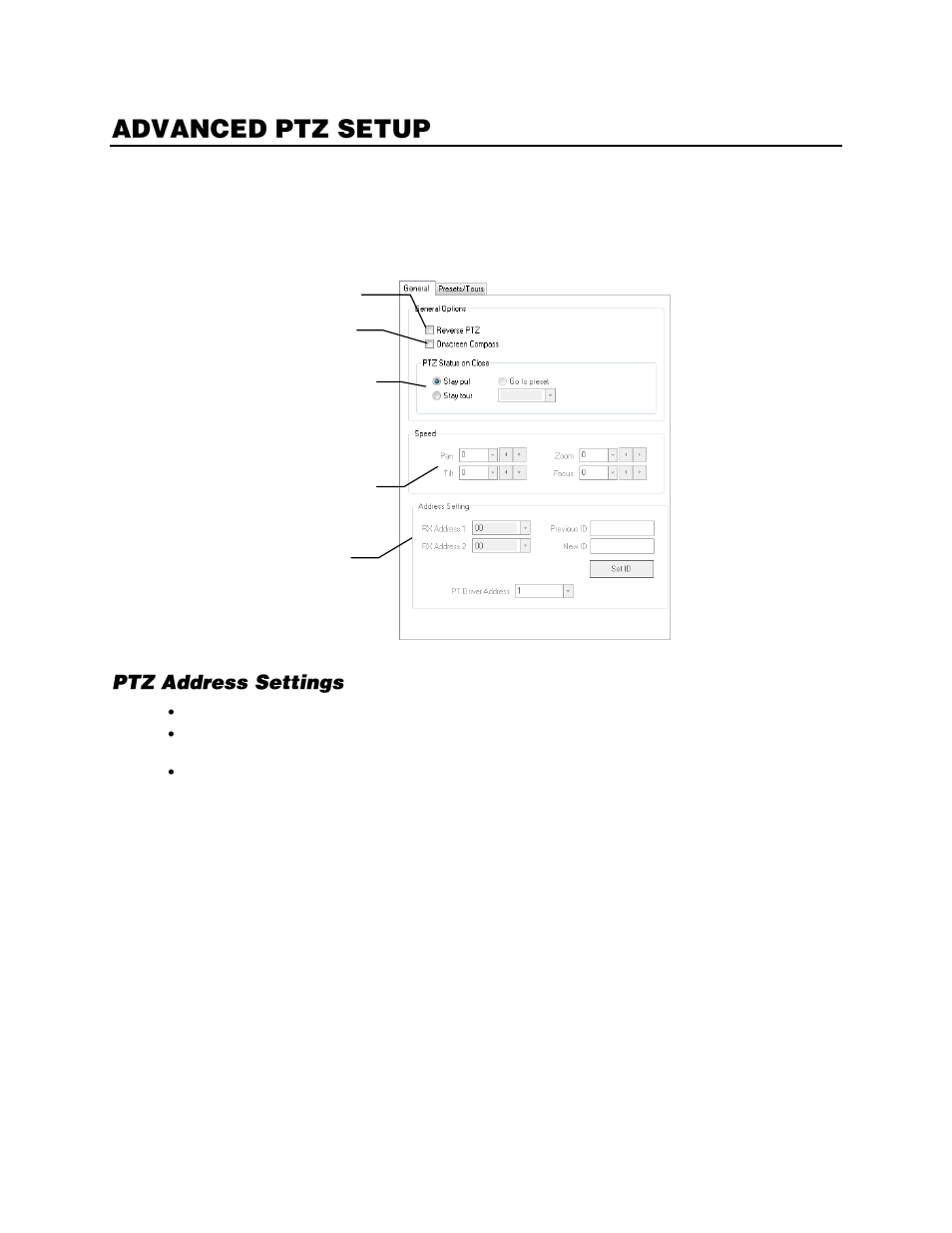 Advanced ptz setup, General, Ptz address settings | OpenEye Gen6 X-Series User Manual | Page 99 / 123