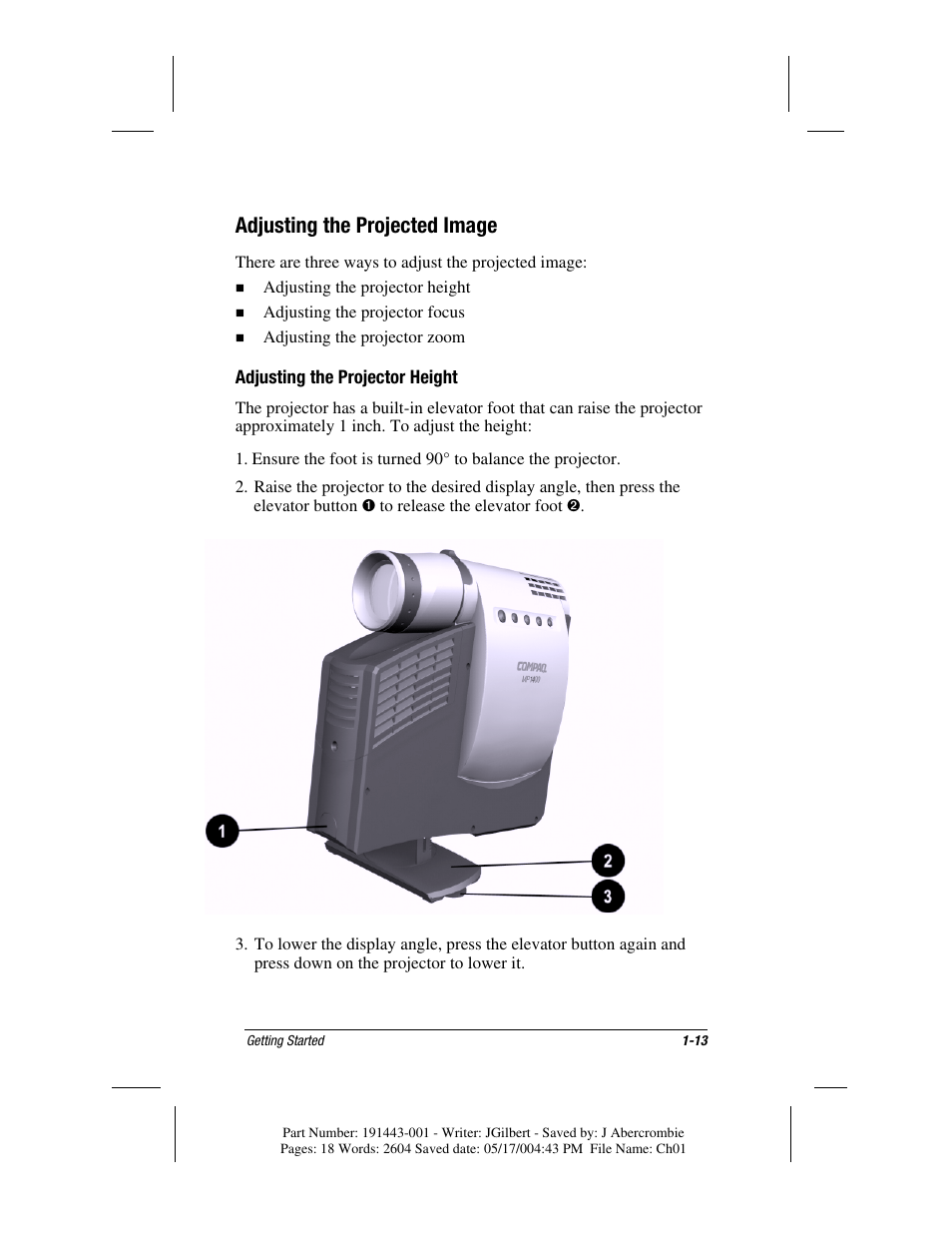 Adjusting the projected image | Compaq MP1800 User Manual | Page 19 / 68