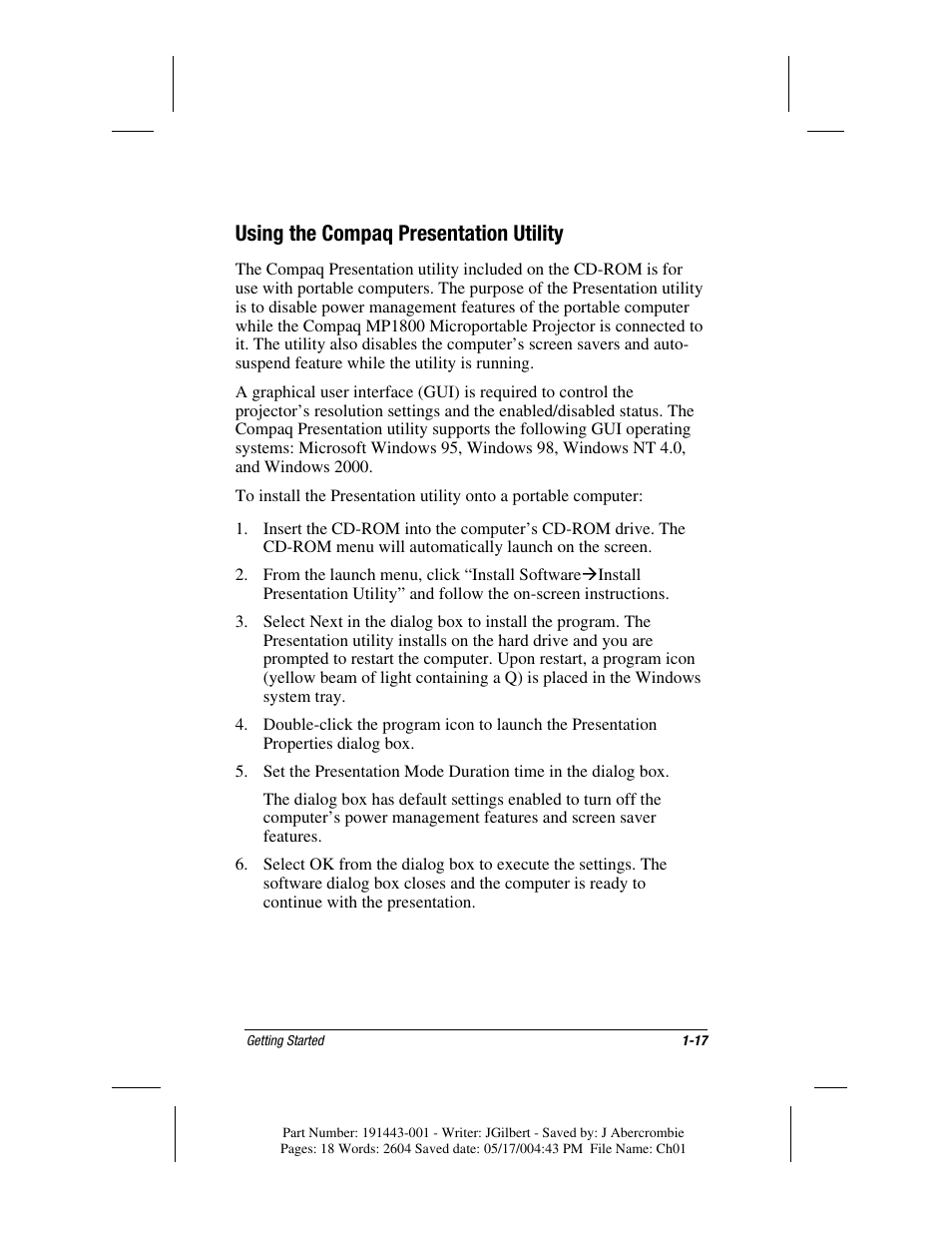 Using the compaq presentation utility | Compaq MP1800 User Manual | Page 23 / 68