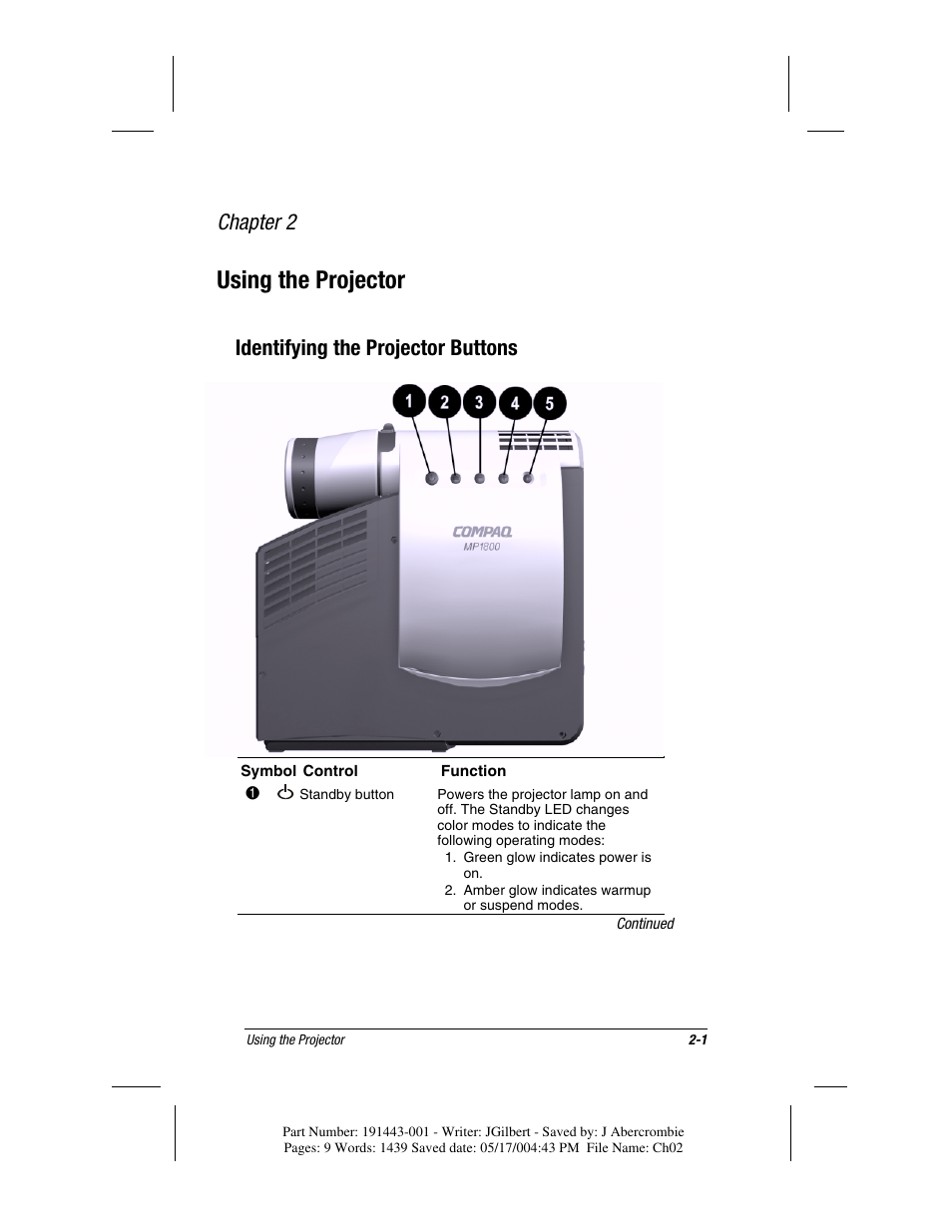Using the projector, Identifying the projector buttons, Chapter 2 | Compaq MP1800 User Manual | Page 25 / 68