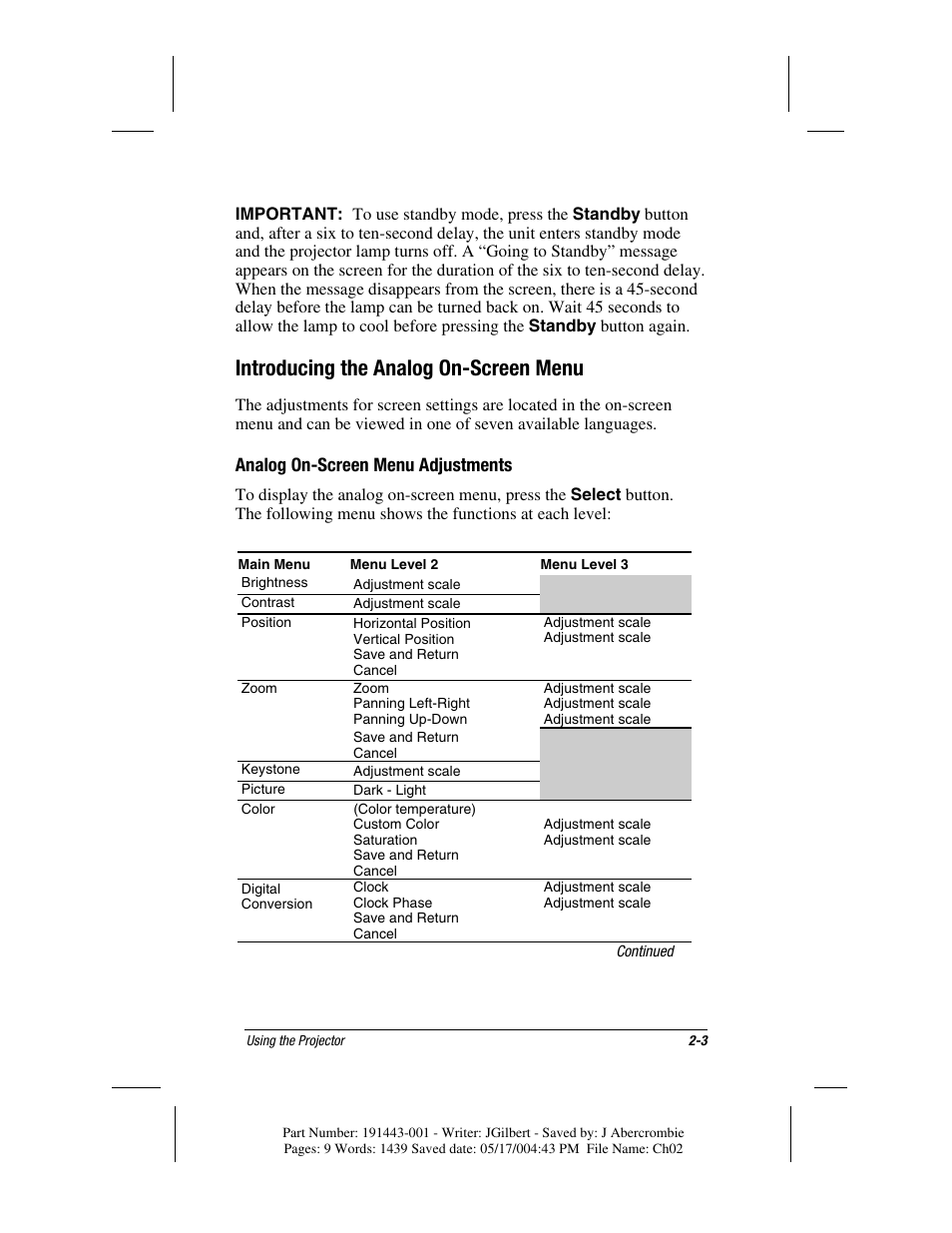 Introducing the analog on-screen menu | Compaq MP1800 User Manual | Page 27 / 68