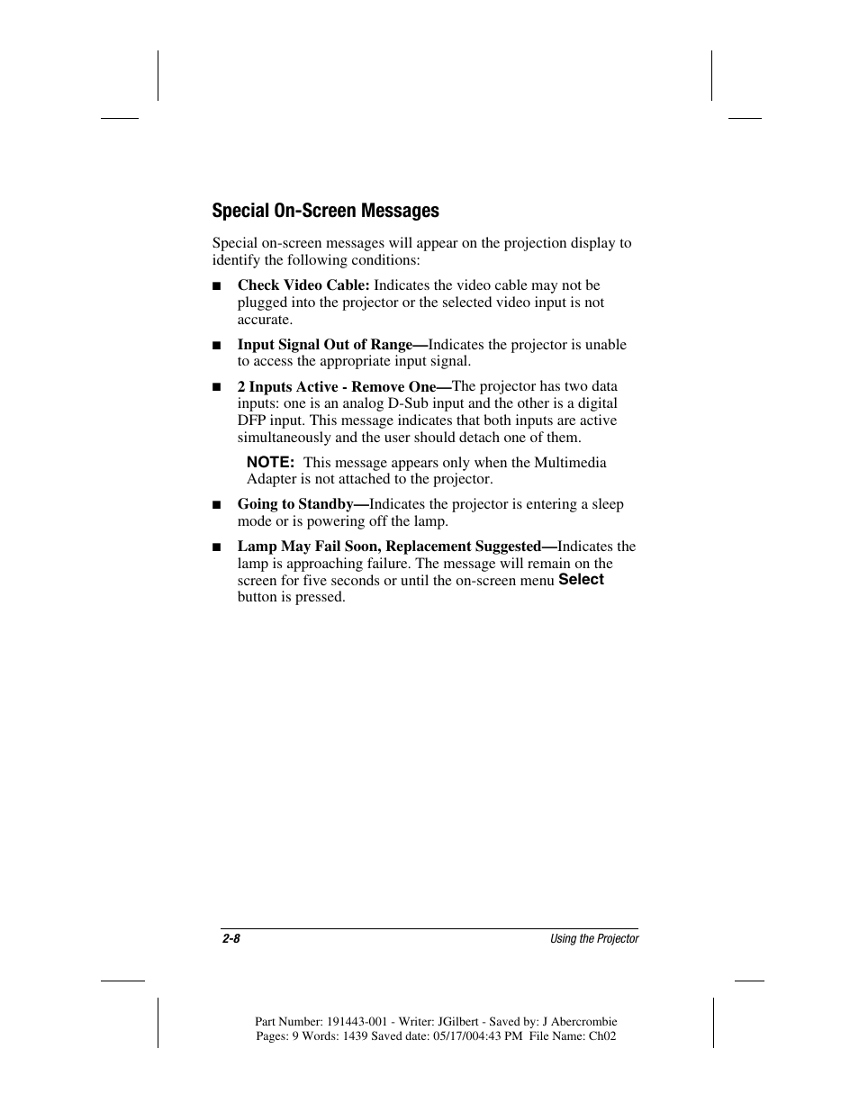 Special on-screen messages | Compaq MP1800 User Manual | Page 32 / 68