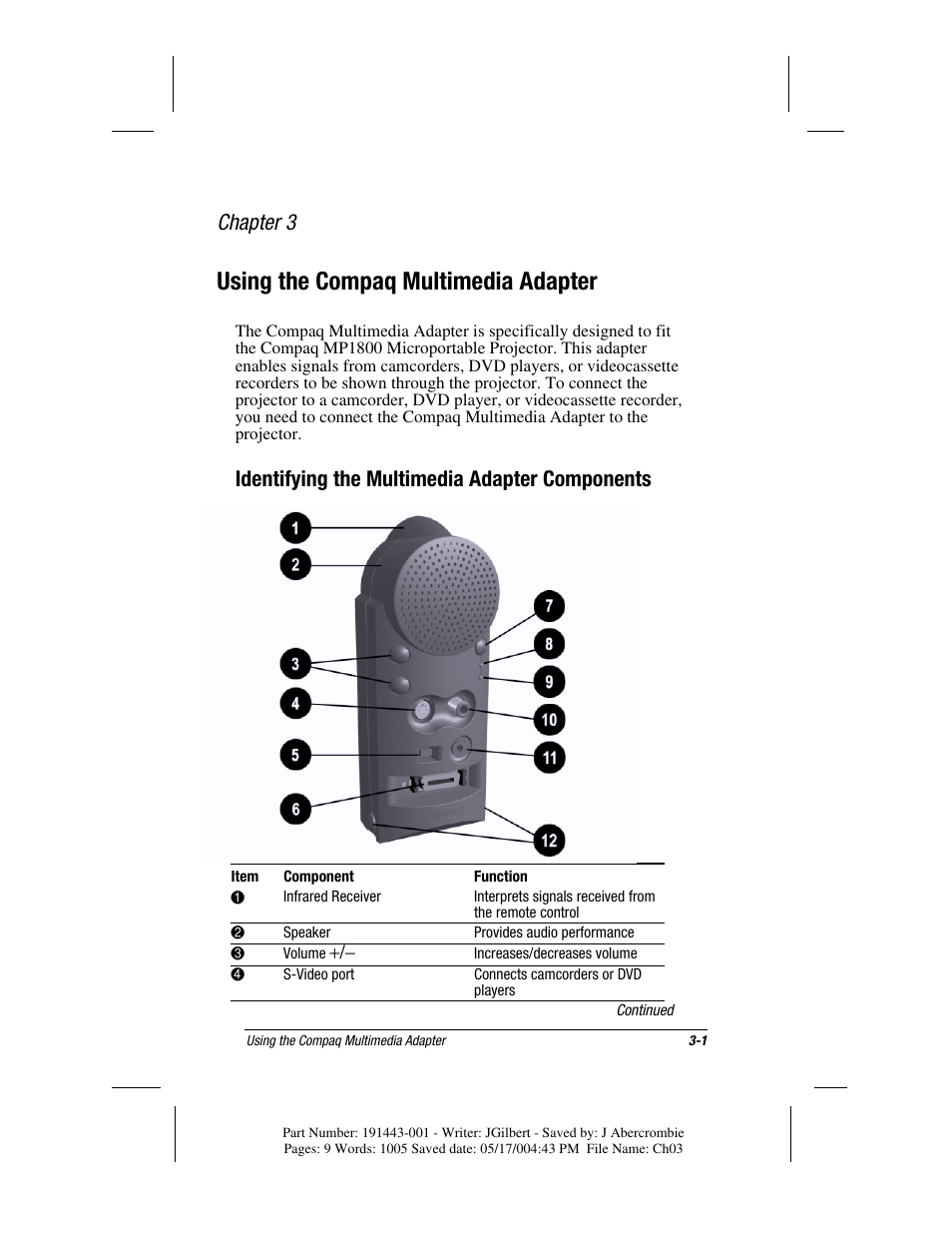 Using the compaq multimedia adapter, Chapter 3, Identifying the multimedia adapter components | Compaq MP1800 User Manual | Page 34 / 68