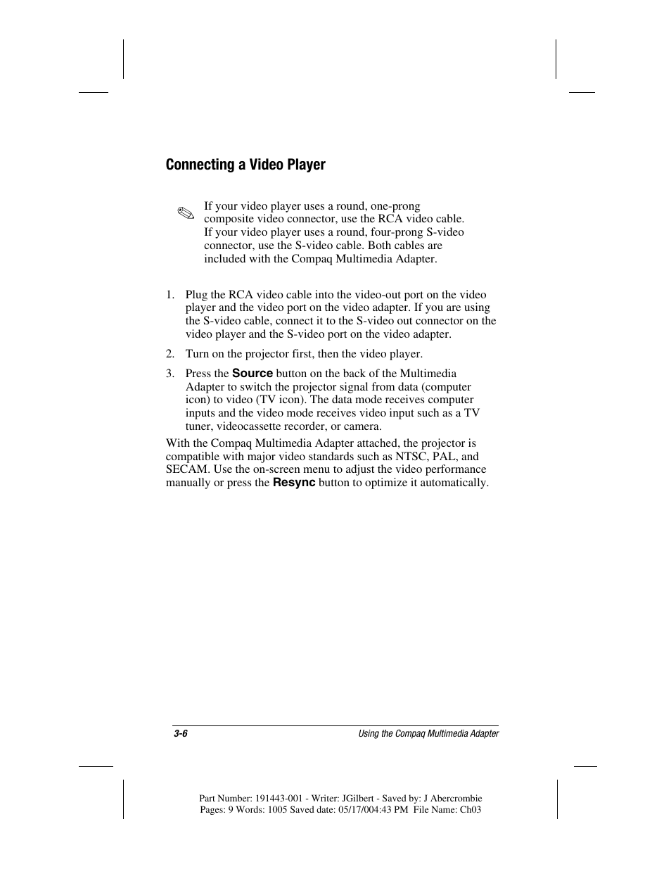 Connecting a video player | Compaq MP1800 User Manual | Page 39 / 68