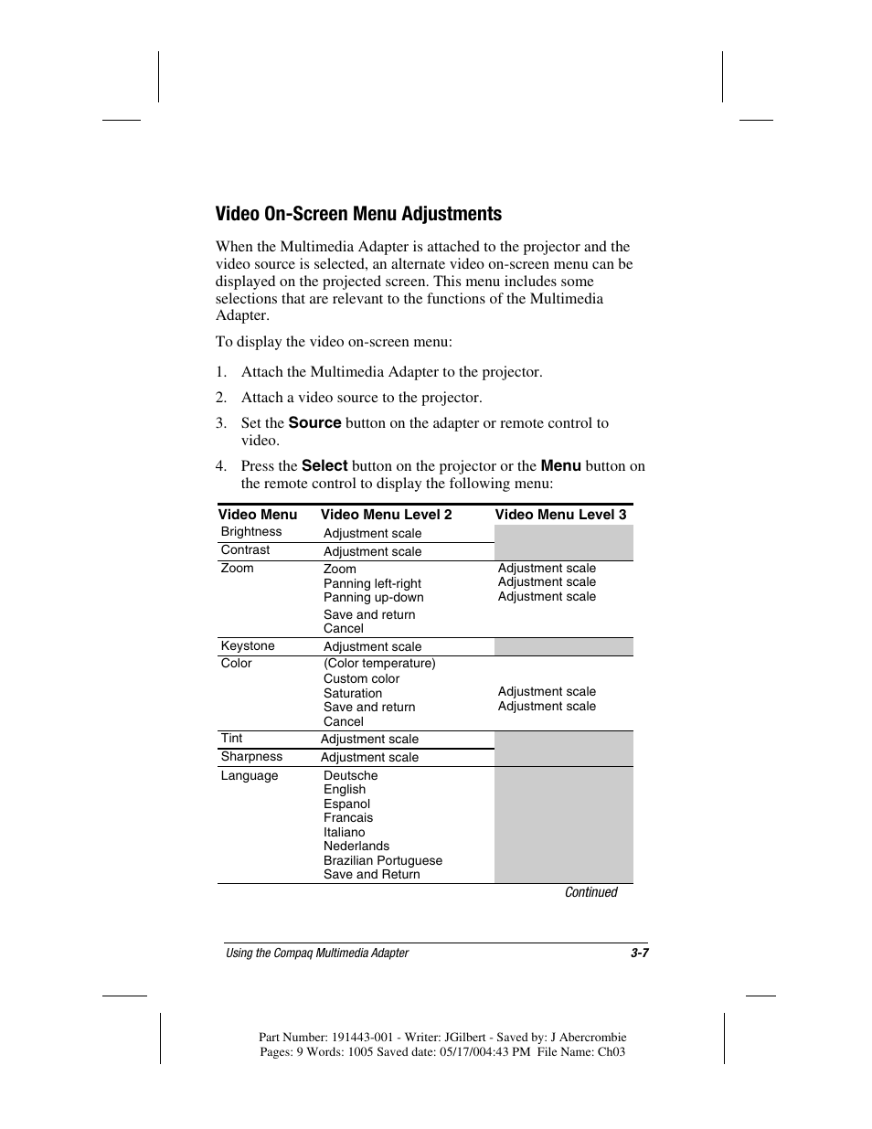 Video on-screen menu adjustments | Compaq MP1800 User Manual | Page 40 / 68