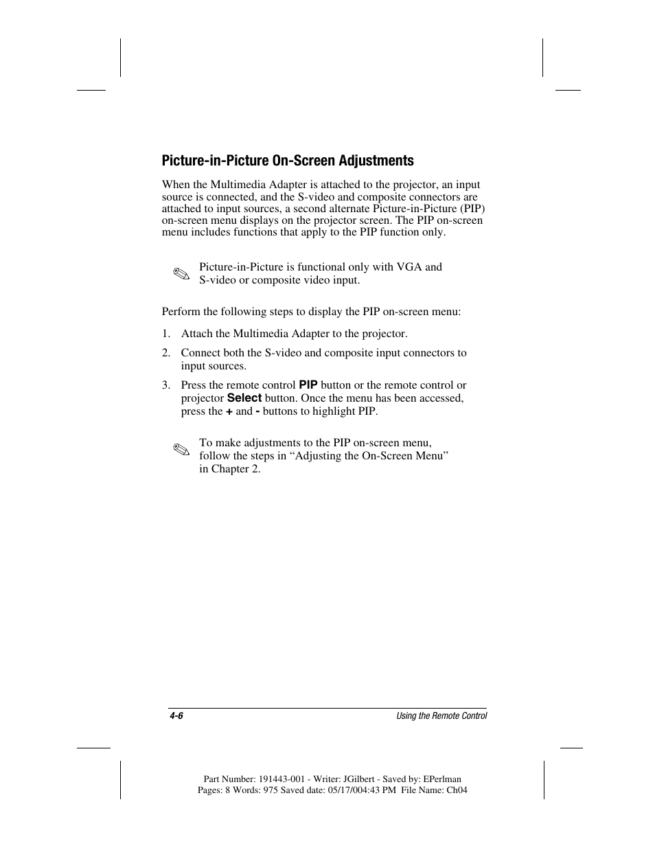 Picture-in-picture on-screen adjustments | Compaq MP1800 User Manual | Page 48 / 68