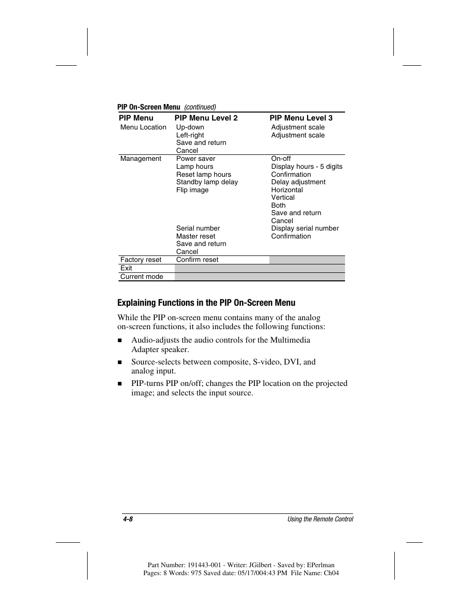 Explaining functions in the pip on-screen menu | Compaq MP1800 User Manual | Page 50 / 68