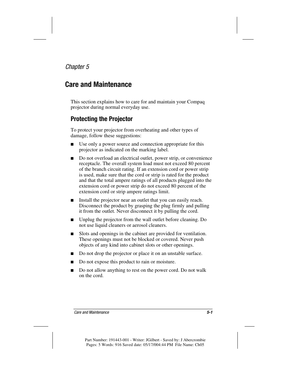 Care and maintenance, Protecting the projector, Chapter 5 | Compaq MP1800 User Manual | Page 51 / 68