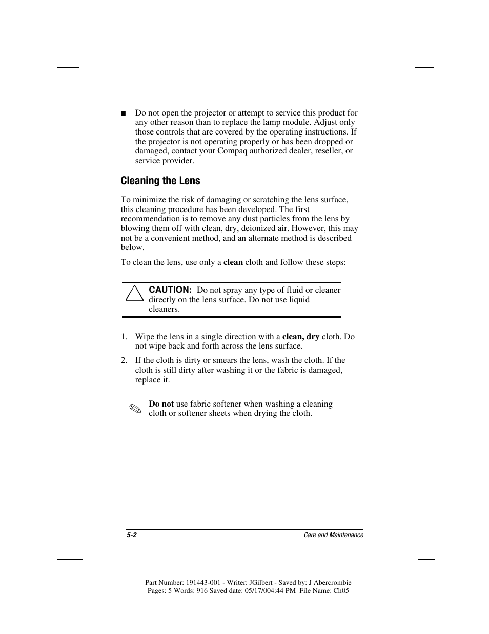 Cleaning the lens | Compaq MP1800 User Manual | Page 52 / 68