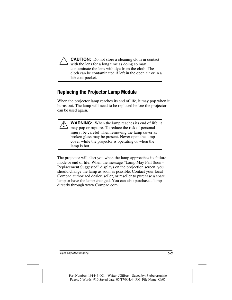 Replacing the projector lamp module | Compaq MP1800 User Manual | Page 53 / 68