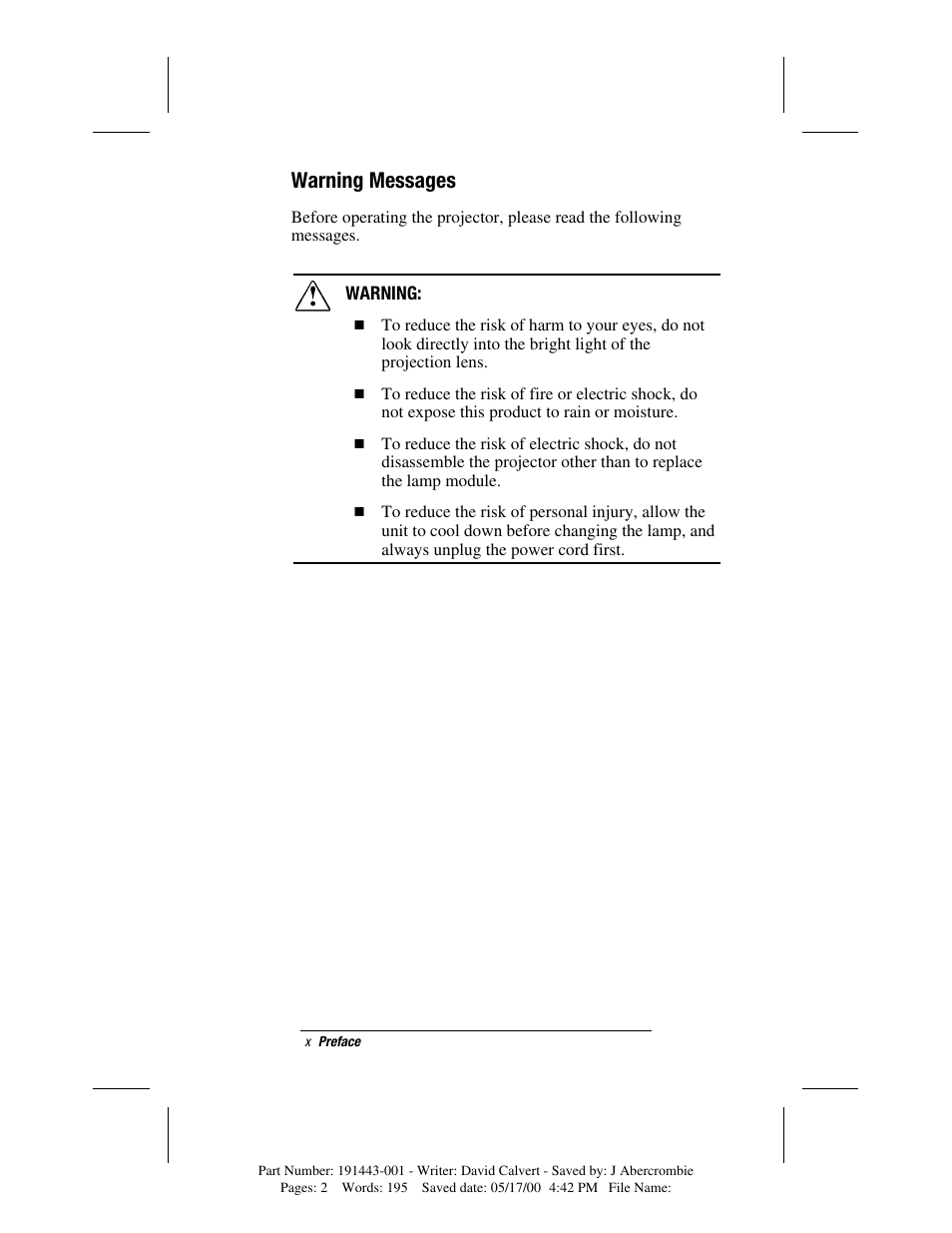 Warning messages | Compaq MP1800 User Manual | Page 6 / 68