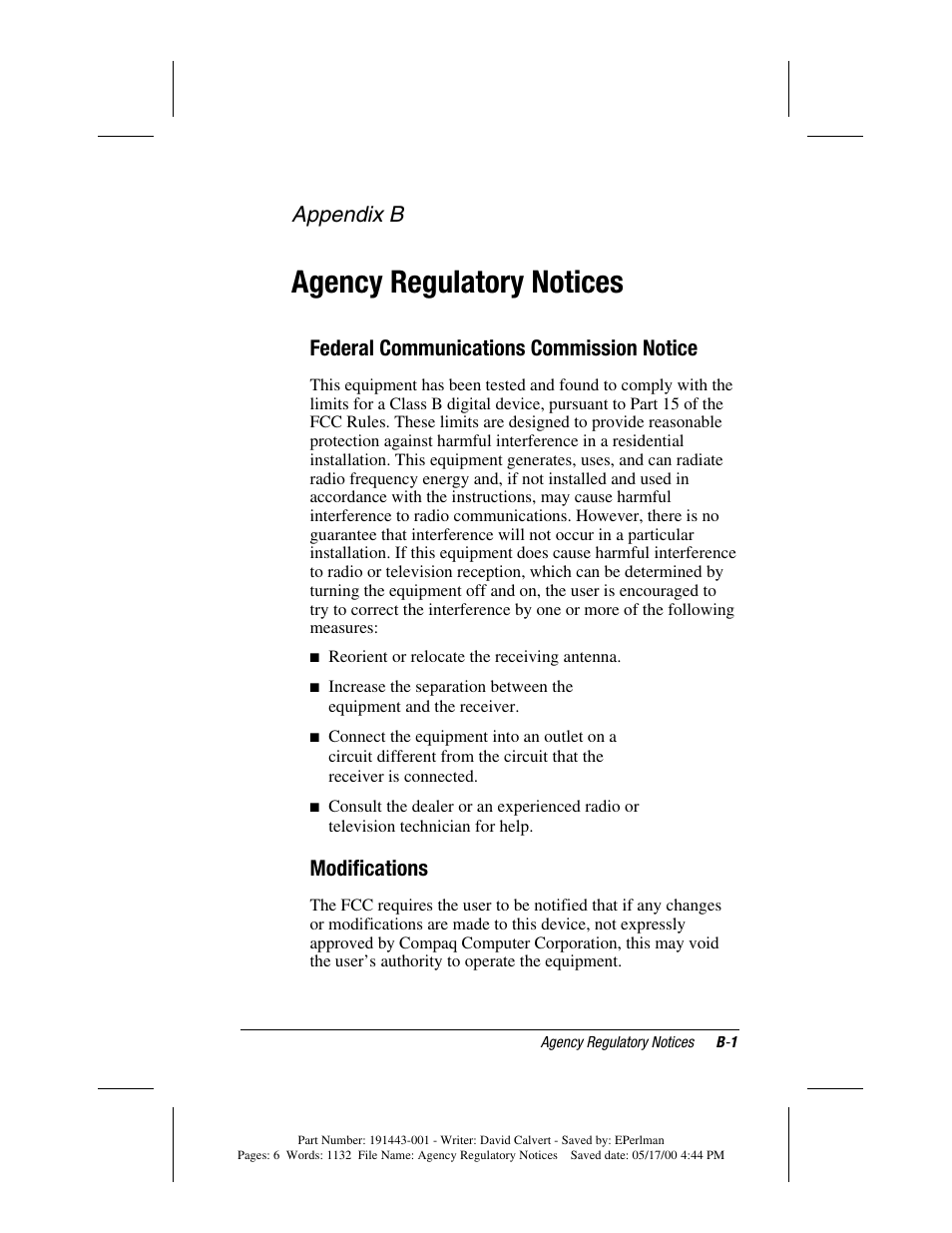 Agency regulatory notices, Federal communications commission notice, Modifications | Appendix b | Compaq MP1800 User Manual | Page 61 / 68