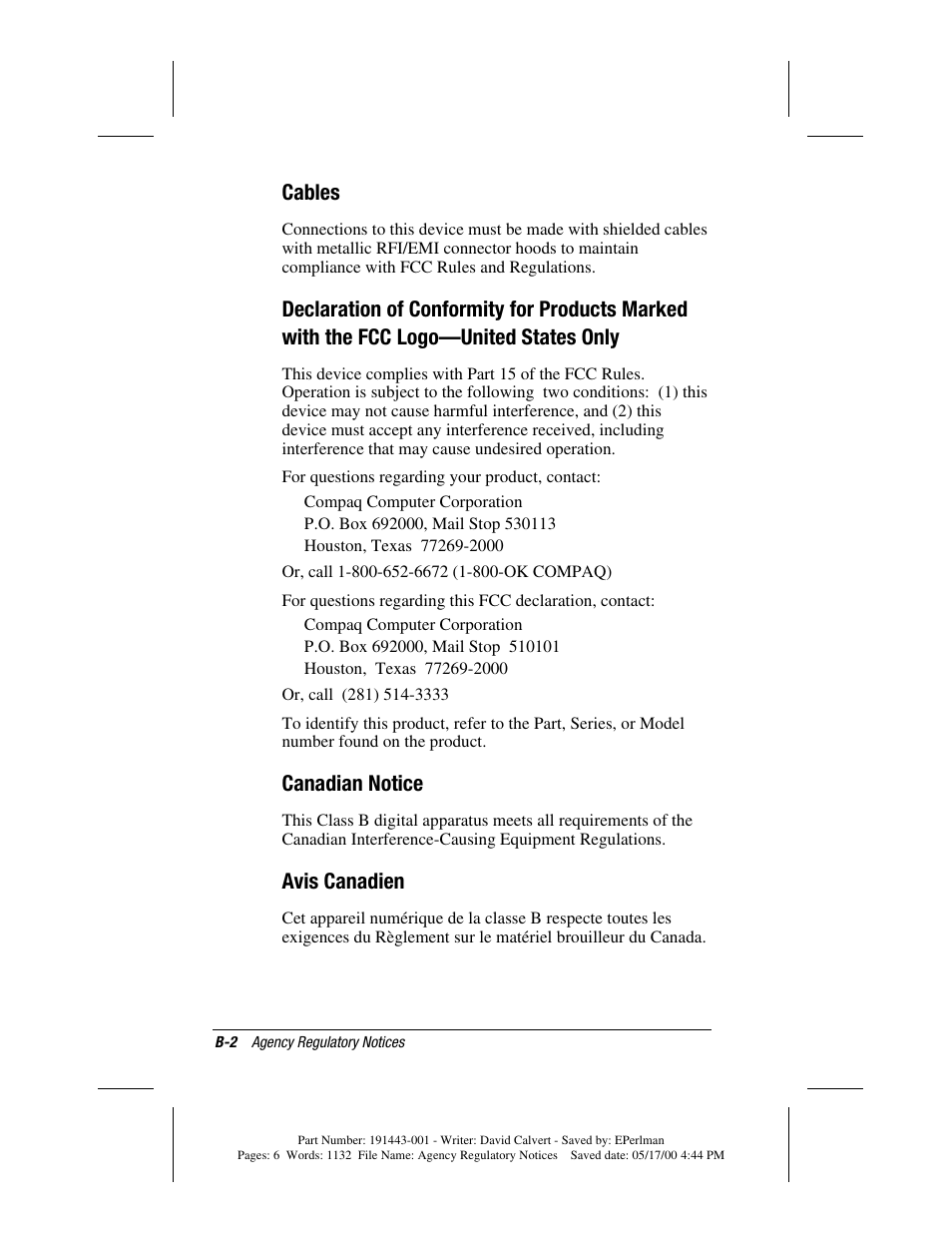 Cables, Canadian notice, Avis canadien | Compaq MP1800 User Manual | Page 62 / 68
