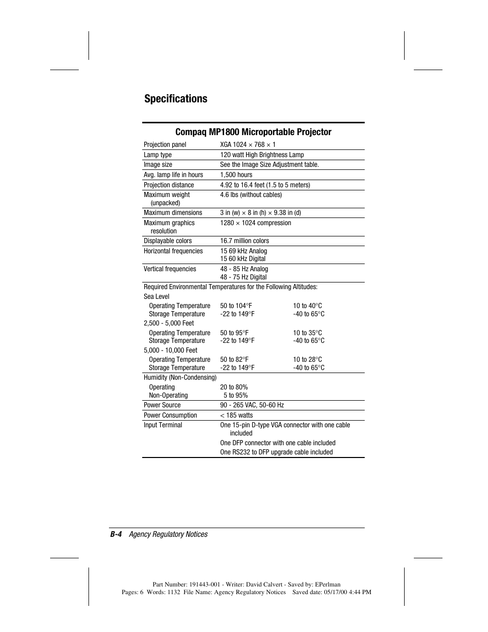 Specifications, Compaq mp1800 microportable projector | Compaq MP1800 User Manual | Page 64 / 68