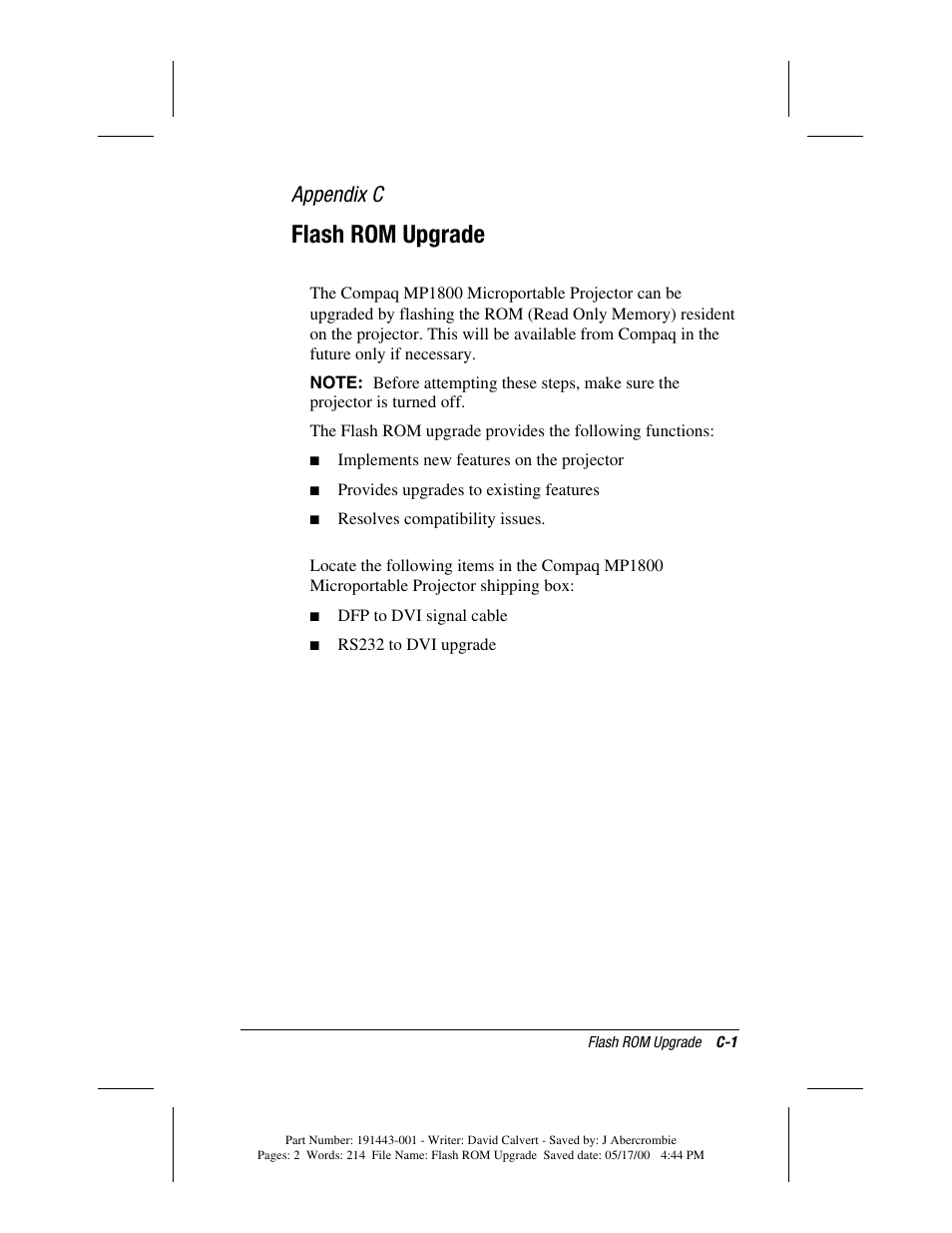 Flash rom upgrade, Appendix c | Compaq MP1800 User Manual | Page 67 / 68