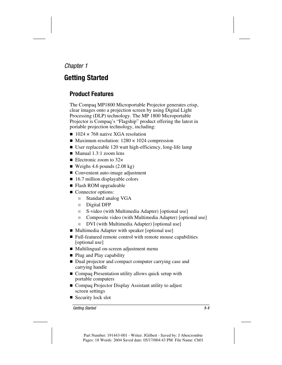 Getting started, Product features, Chapter 1 | Compaq MP1800 User Manual | Page 7 / 68