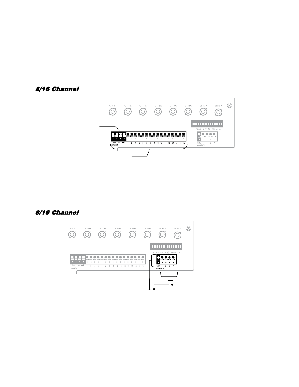 Connecting sensors, 8/16 channel, Connecting control outputs | OpenEye Gen6 X-Series Hardware Manual User Manual | Page 25 / 30