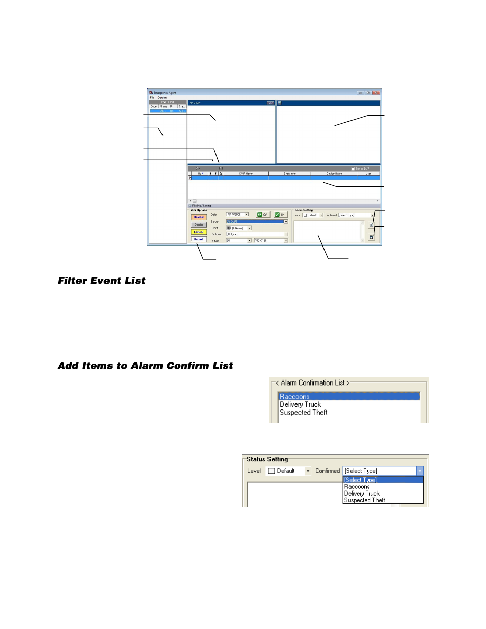 Emergency agent window, Filter event list, Add items to alarm confirm list | OpenEye Gen6 N-Series User Manual | Page 104 / 112