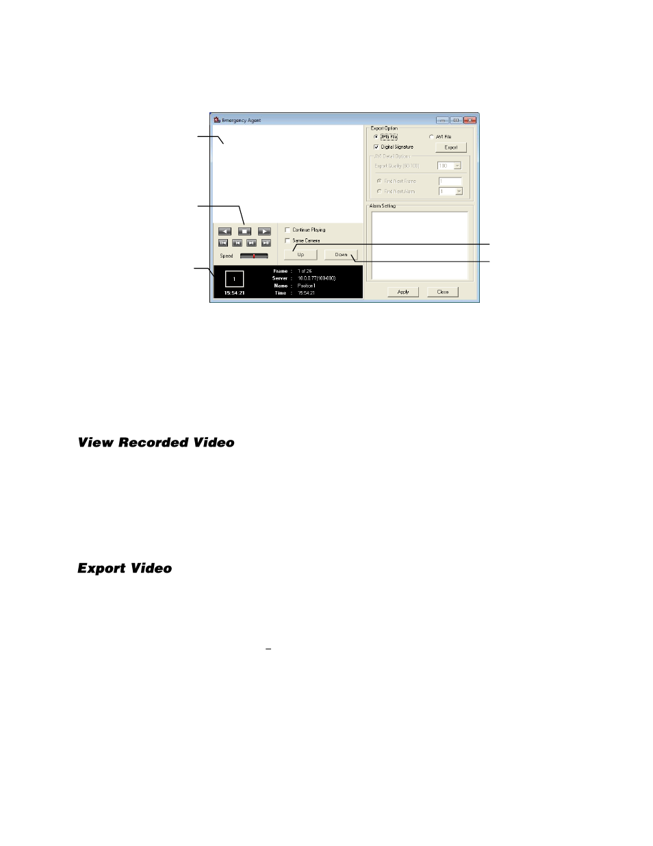 Search alarm window, View recorded video, Export video | OpenEye Gen6 N-Series User Manual | Page 105 / 112