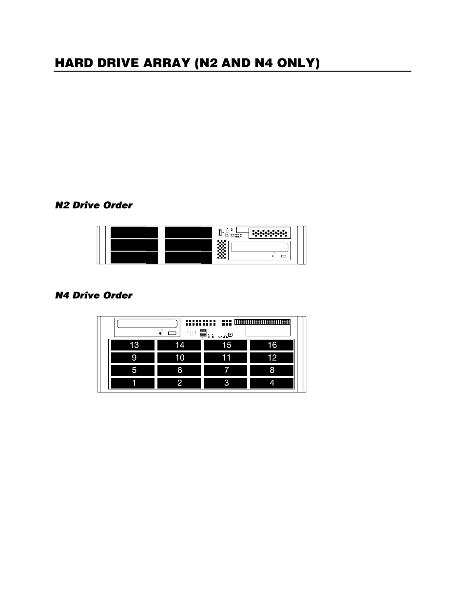 Hard drive array (n2 and n4 only), Inserting a hard drive, N2 drive order | N4 drive order | OpenEye Gen6 N-Series User Manual | Page 23 / 112