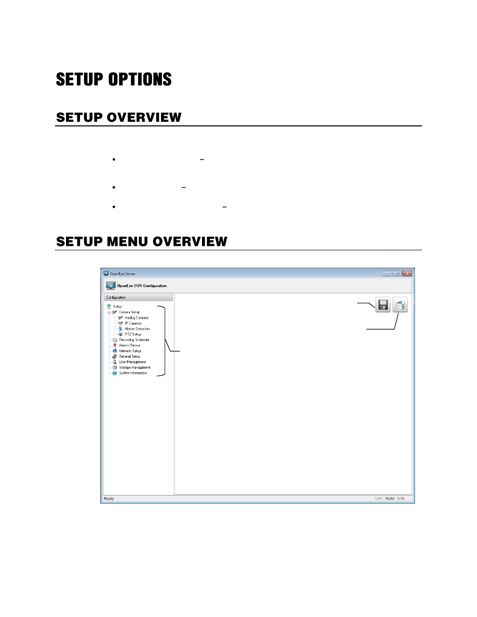 Setup options, Setup overview, Setup menu overview | OpenEye Gen6 N-Series User Manual | Page 34 / 112