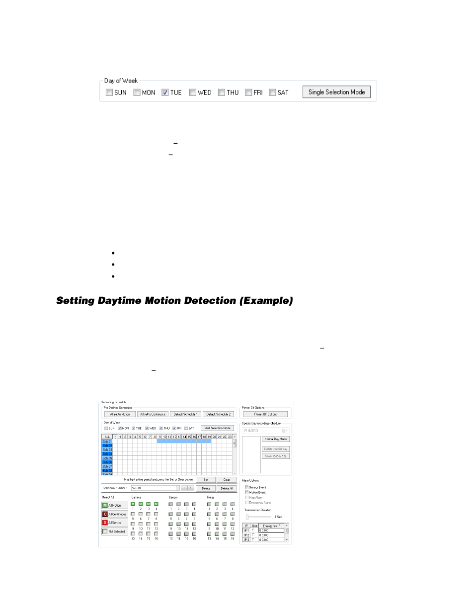 Day of the week, Creating a recording schedule (example), Setting daytime motion detection (example) | OpenEye Gen6 N-Series User Manual | Page 55 / 112