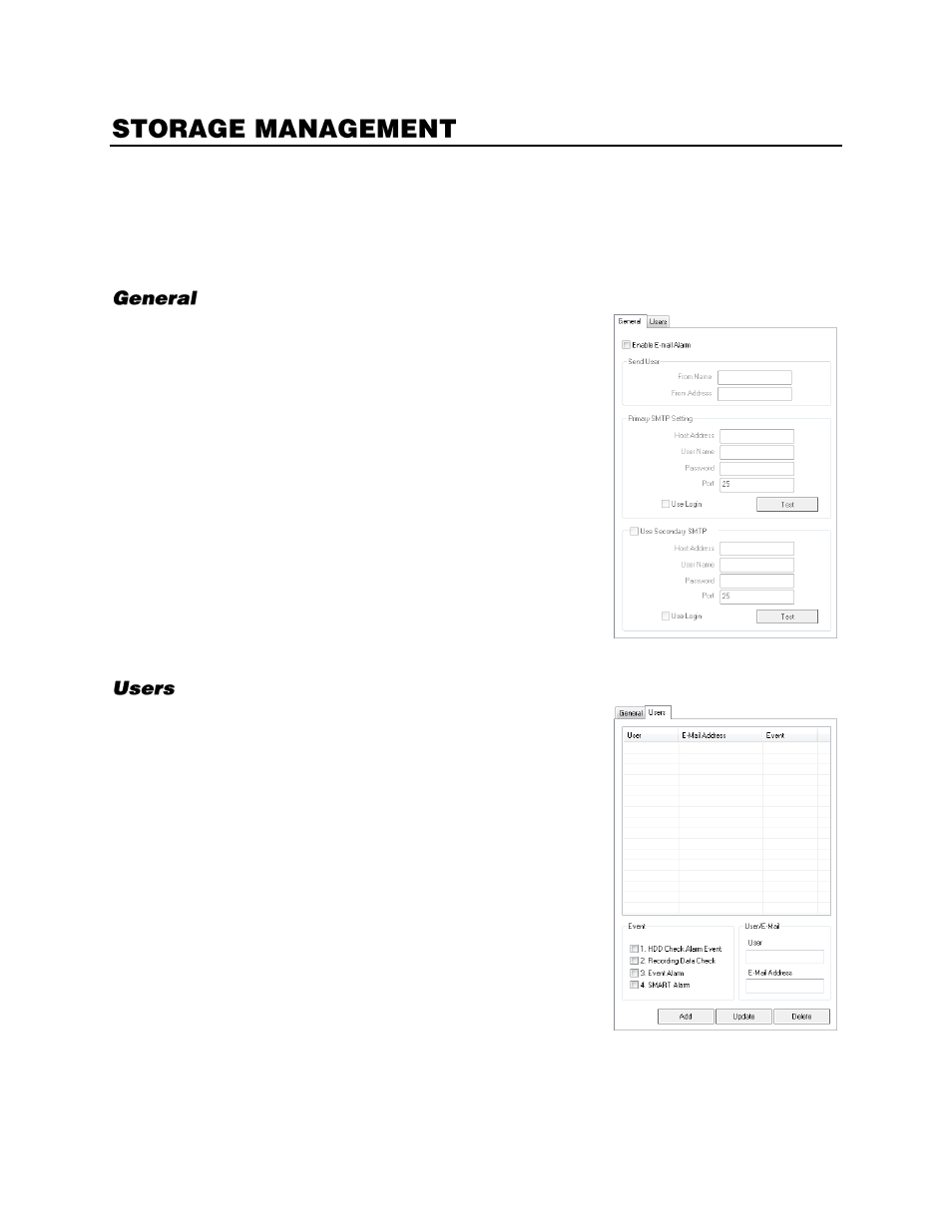 Storage management, Status check / email, General | Users | OpenEye Gen6 N-Series User Manual | Page 64 / 112