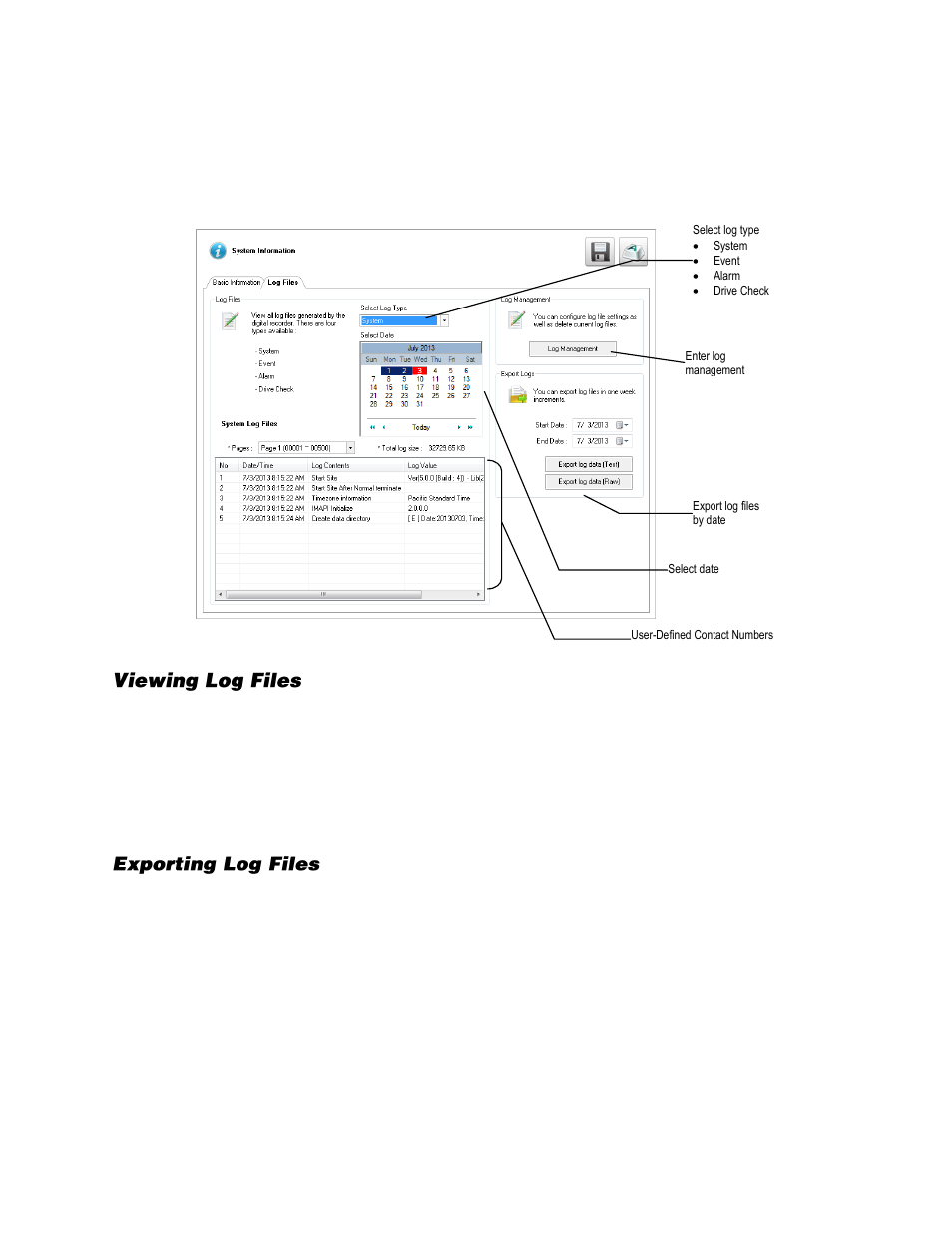 Log files, Viewing log files, Exporting log files | OpenEye Gen6 N-Series User Manual | Page 71 / 112