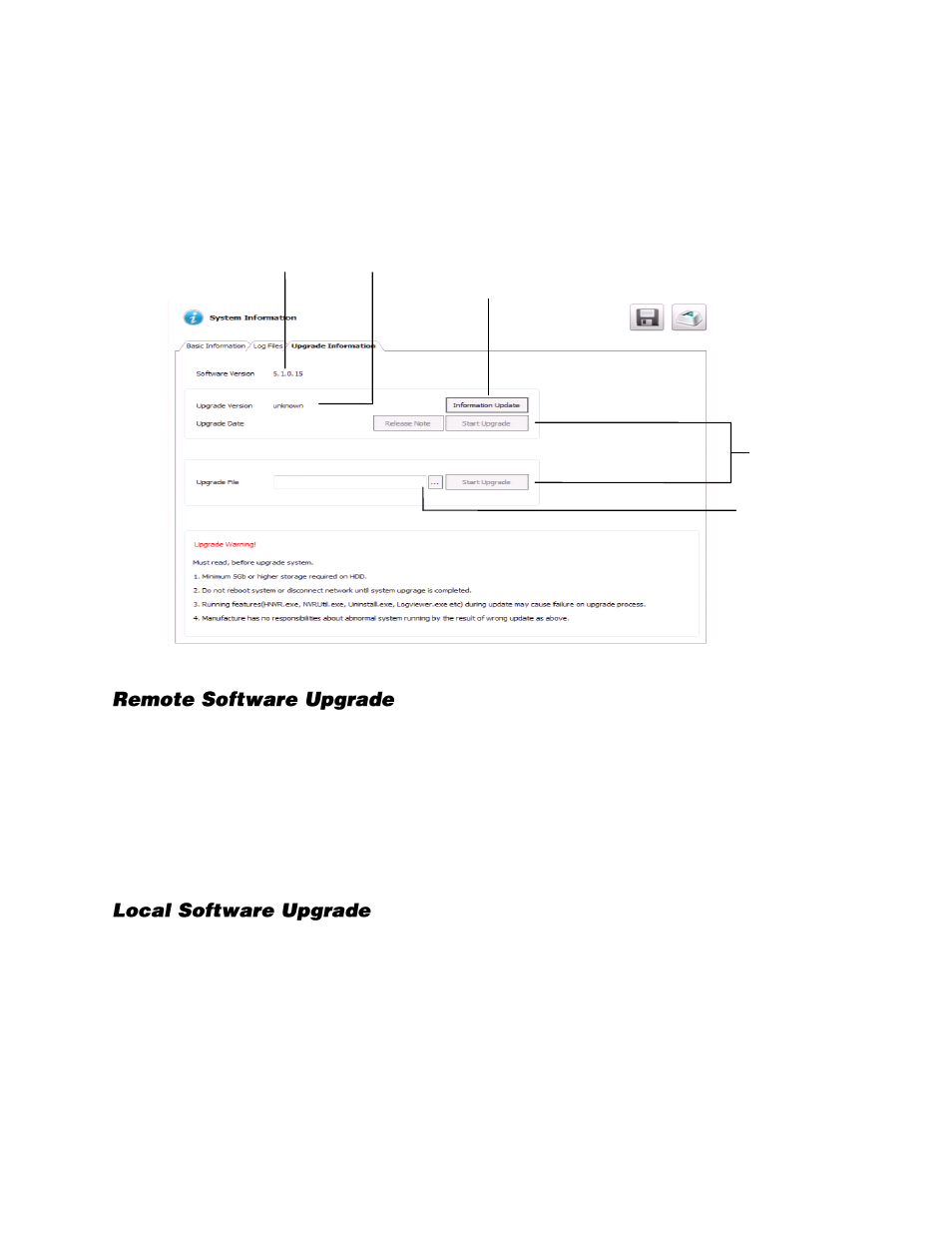 Upgrade information, Remote software upgrade, Local software upgrade | OpenEye Gen6 N-Series User Manual | Page 73 / 112