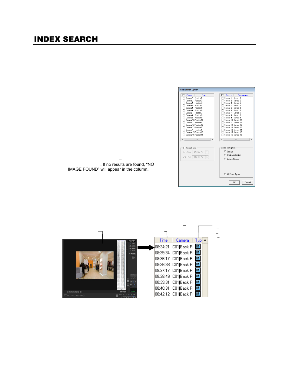 Index search, Performing an index search, Index search results display | OpenEye Gen6 N-Series User Manual | Page 82 / 112