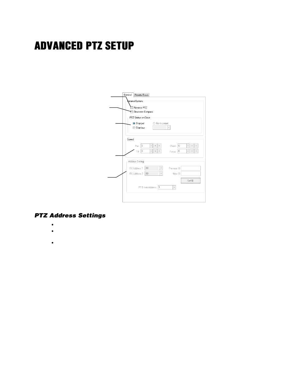 Advanced ptz setup, General, Ptz address settings | OpenEye Gen6 N-Series User Manual | Page 88 / 112