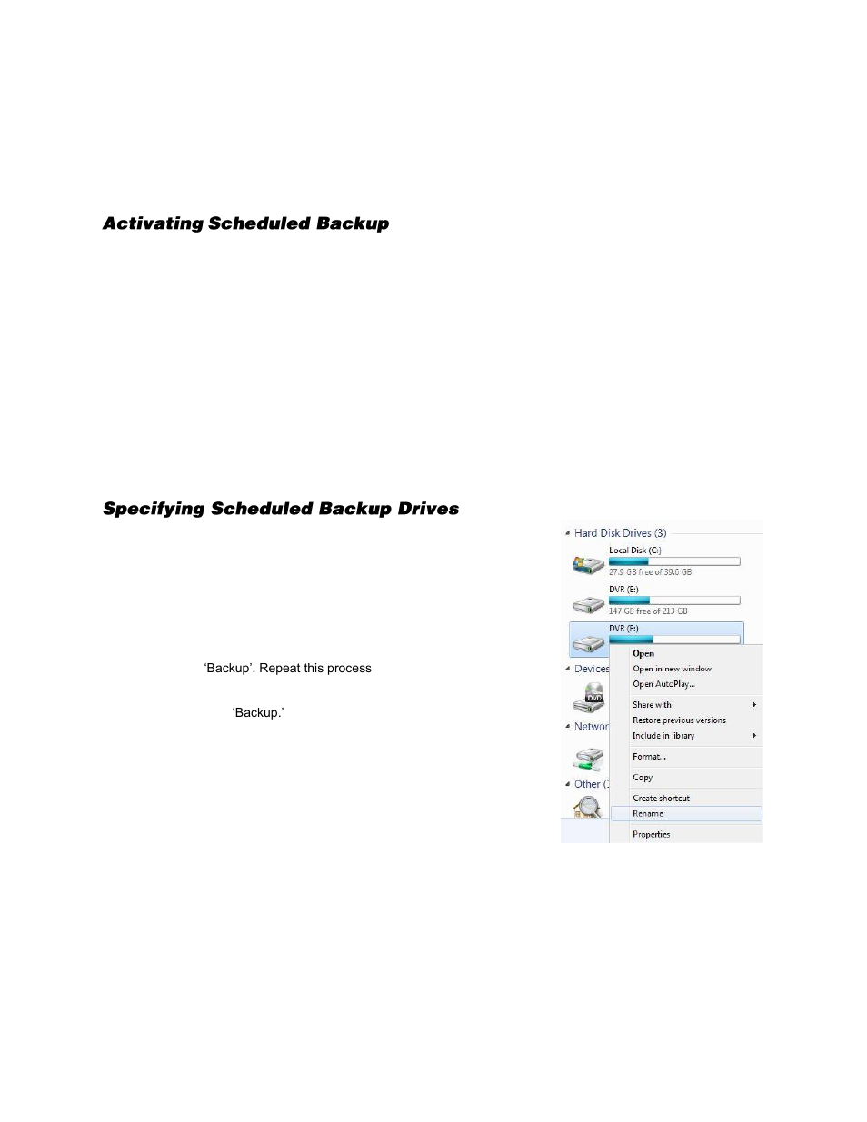 Scheduled backup overview, Activating scheduled backup, Specifying scheduled backup drives | OpenEye Gen6 N-Series User Manual | Page 95 / 112