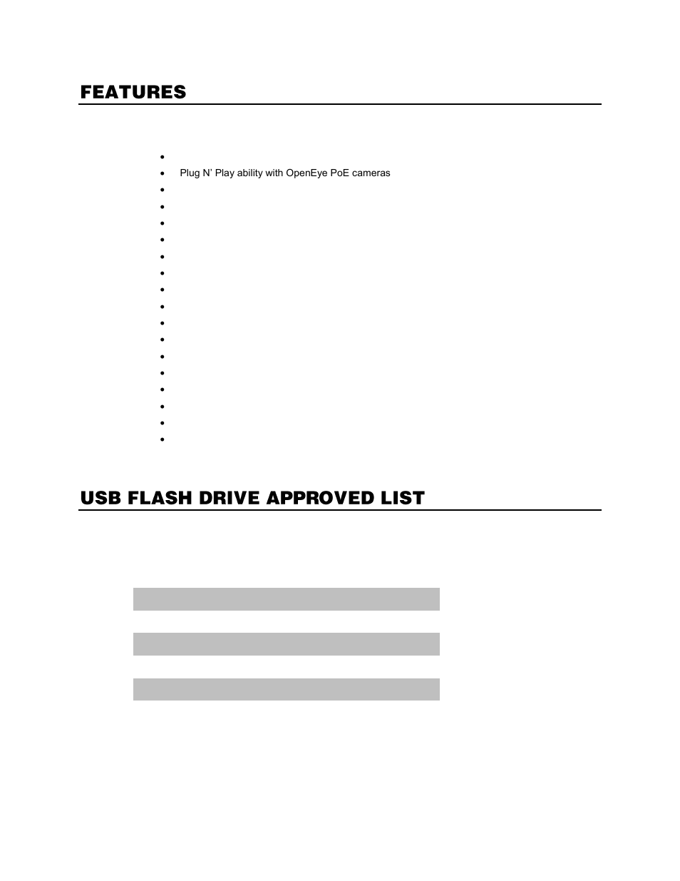 Features, Usb flash drive approved list | OpenEye EasyNVR User Manual | Page 14 / 67