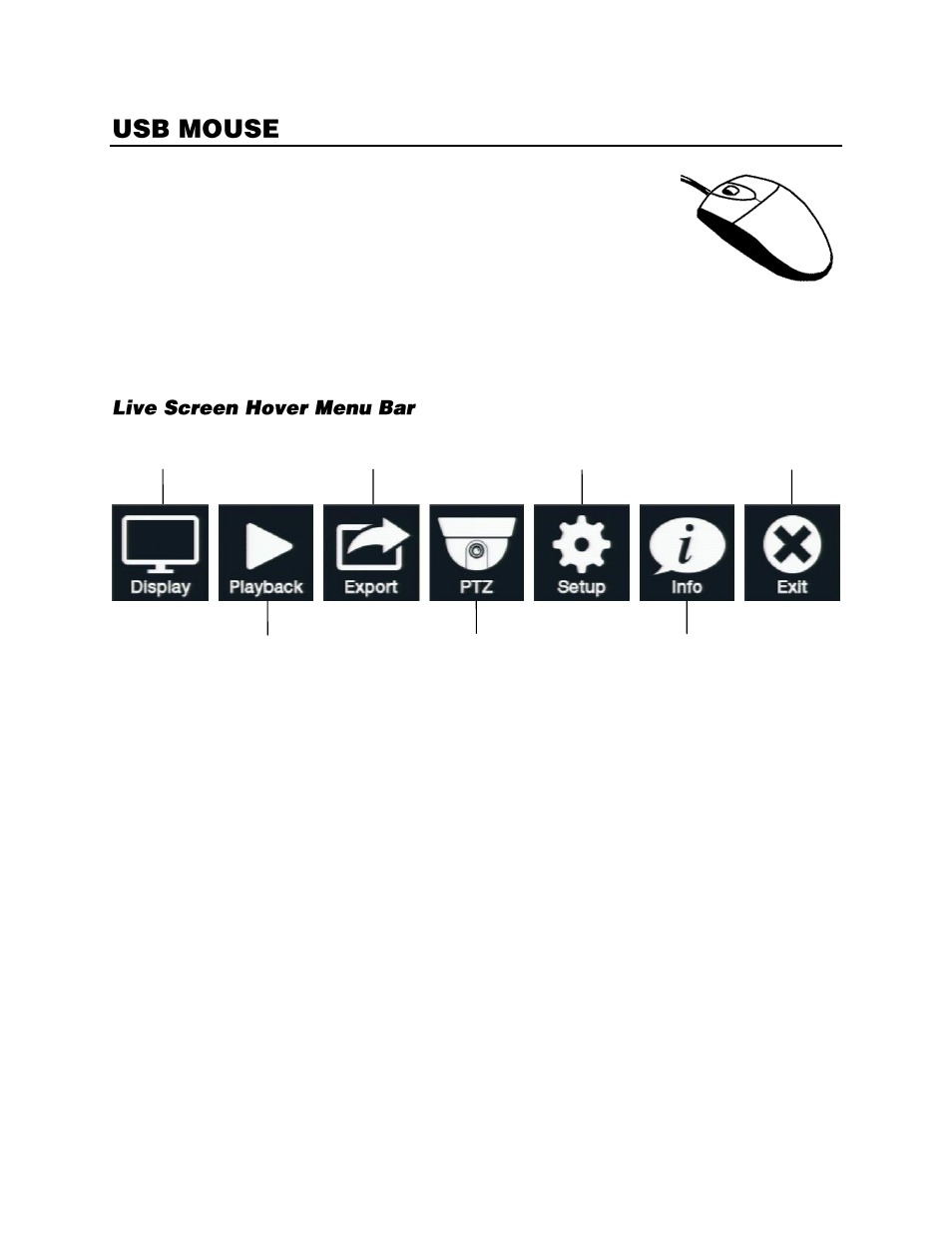 Usb mouse, On-screen hover menu bar, Live screen hover menu bar | OpenEye EasyNVR User Manual | Page 20 / 67