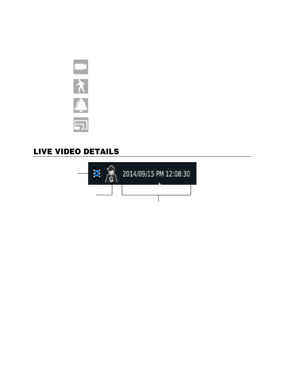 Notification icons, Live video details | OpenEye EasyNVR User Manual | Page 26 / 67