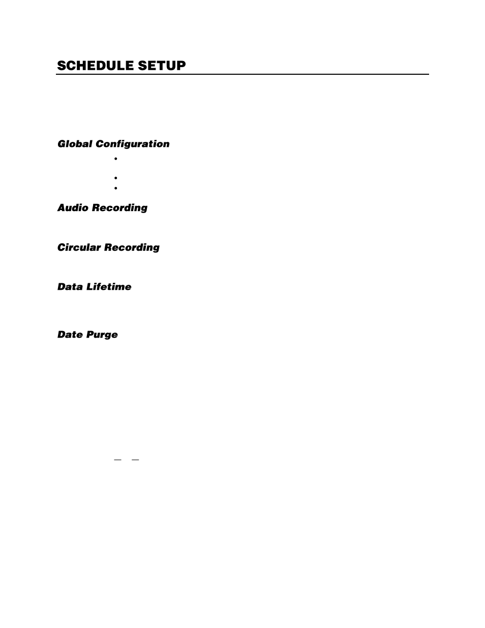 Schedule setup, General settings, Global configuration | Audio recording, Circular recording, Data lifetime, Date purge | OpenEye EasyNVR User Manual | Page 47 / 67