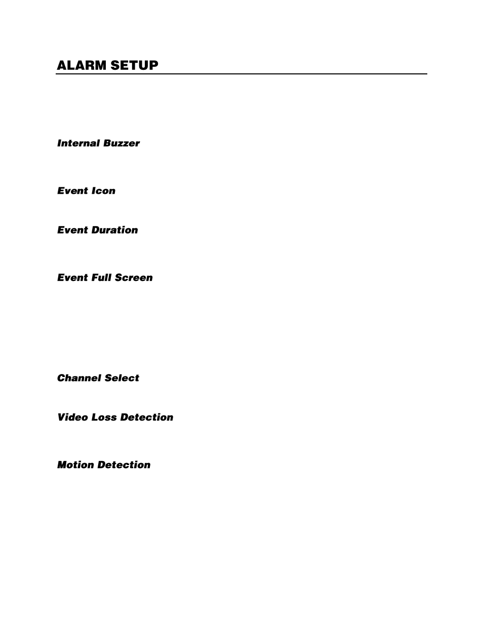 Alarm setup, General settings, Internal buzzer | Event icon, Event duration, Event full screen, Per channel configuration, Channel select, Video loss detection, Motion detection | OpenEye EasyNVR User Manual | Page 50 / 67