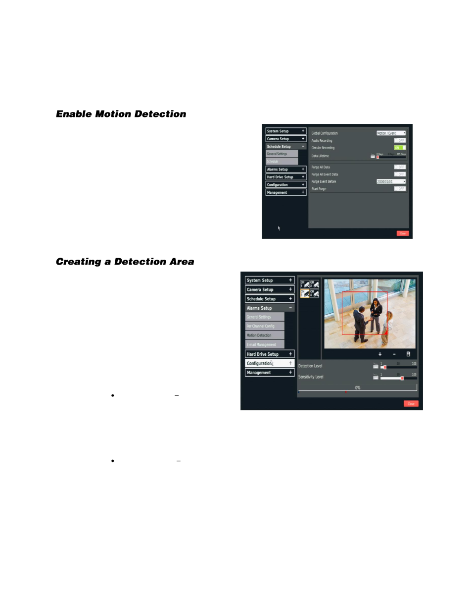 Motion detection configuration, Enable motion detection, Creating a detection area | OpenEye EasyNVR User Manual | Page 52 / 67