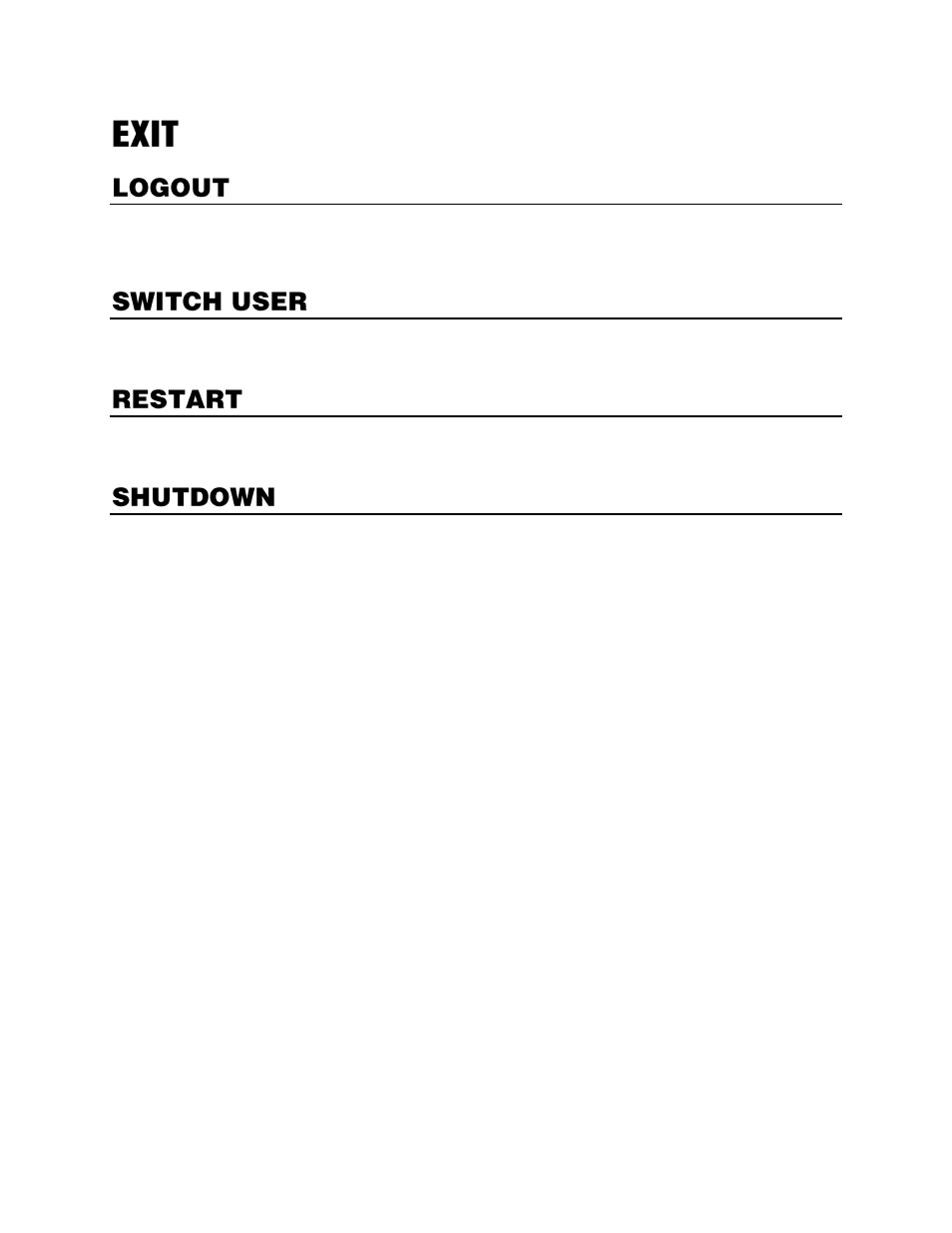 Exit, Logout, Switch user | Restart, Shutdown | OpenEye EasyNVR User Manual | Page 62 / 67