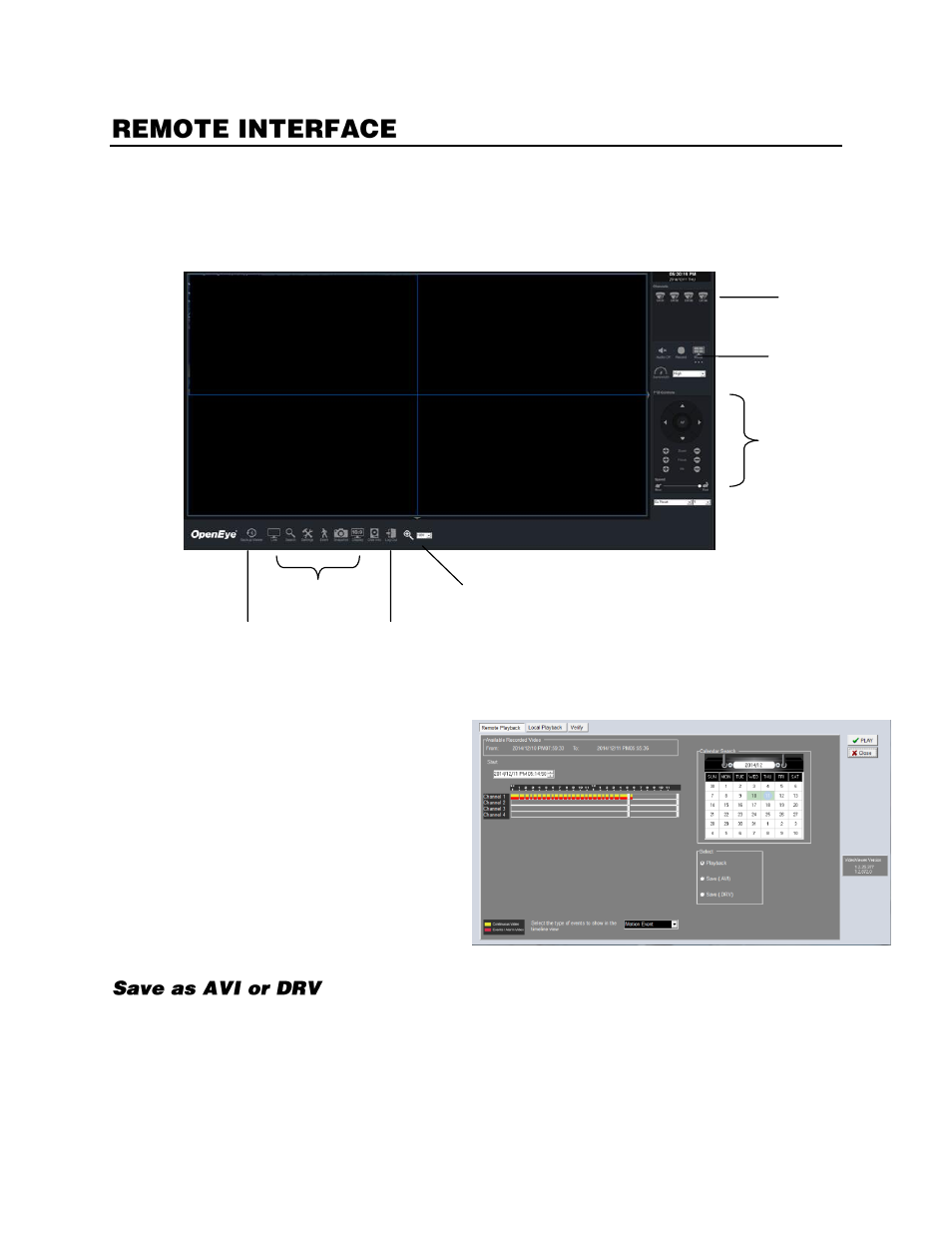 Remote interface, Remote playback, Save as avi or drv | OpenEye EasyNVR User Manual | Page 65 / 67