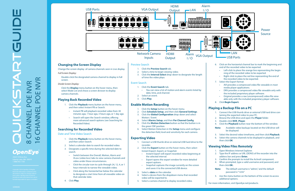 8 channel poe nvr 16 channel poe nvr, Usb ports, Playing back recorded video | Searching for recorded video, Enable motion recording, Exporting video, Playing a backup file on a pc, Viewing video files remotely | OpenEye EasyNVR Quick Start User Manual | Page 2 / 2