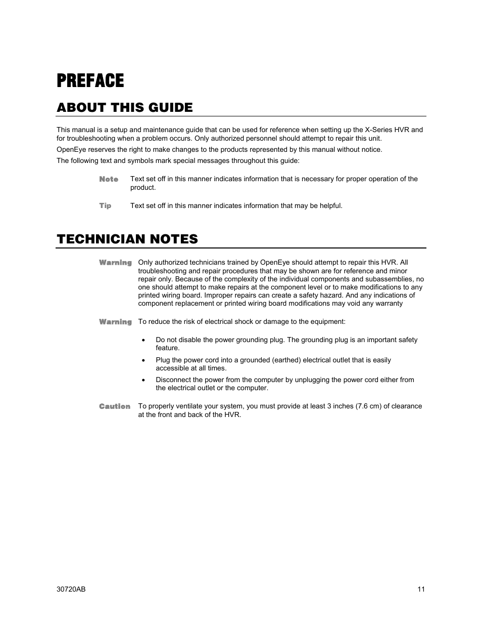 Preface, About this guide, Technician notes | OpenEye OE5 User Manual | Page 11 / 34
