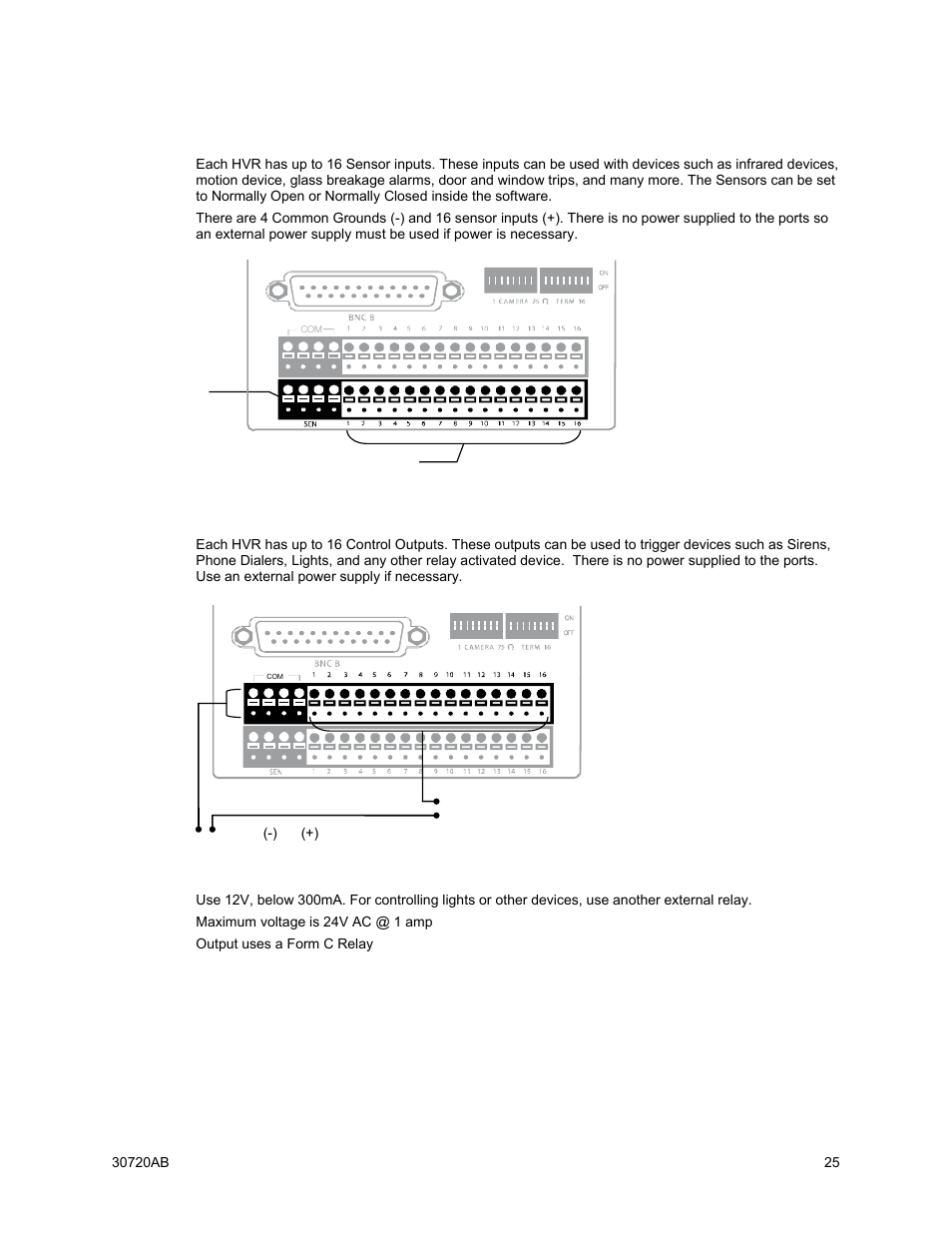 Connecting sensors to the hvr, Connecting control outputs to the hvr | OpenEye OE5 User Manual | Page 25 / 34